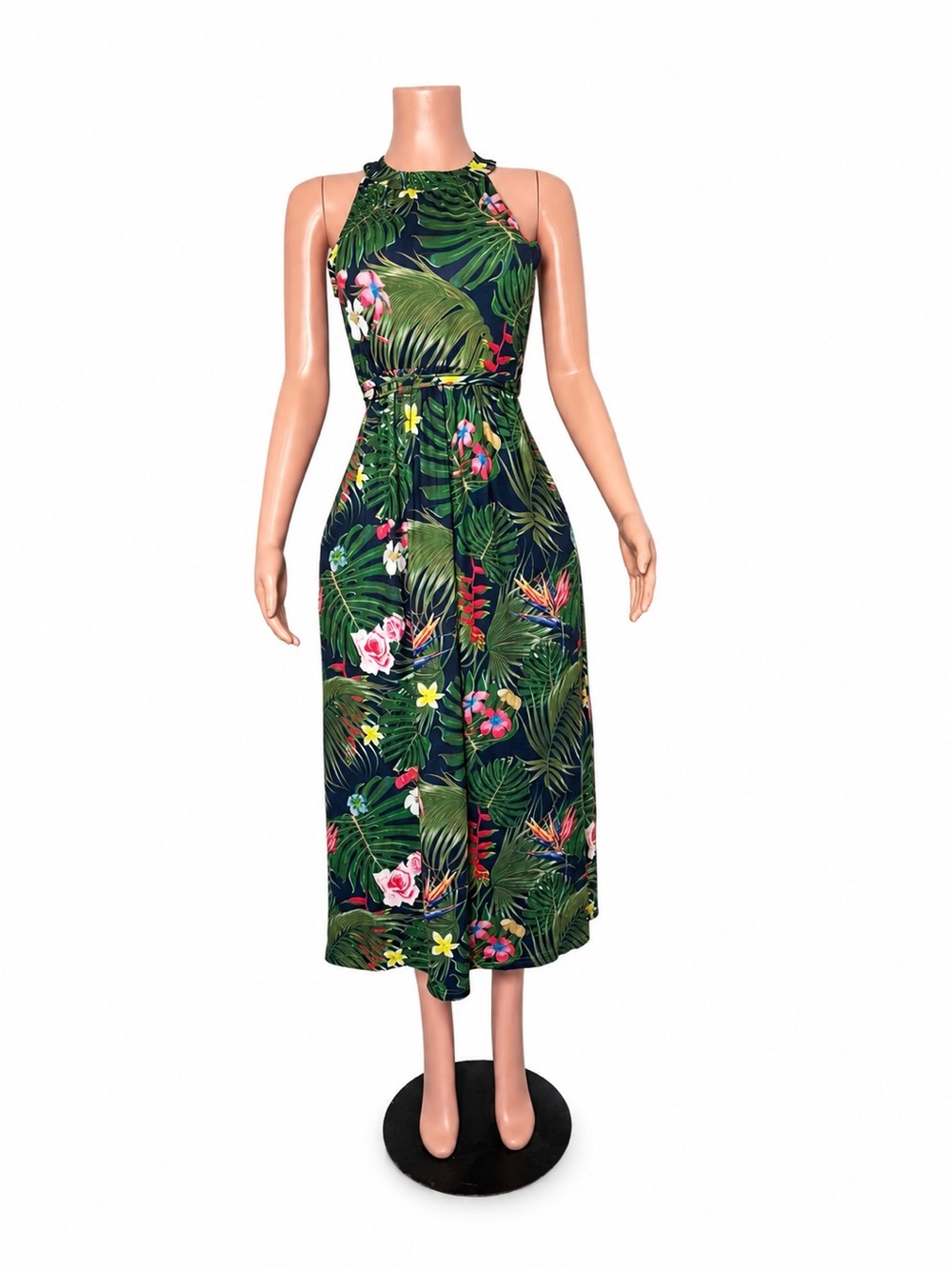 Tropical Halter Midi Dress in Green Floral